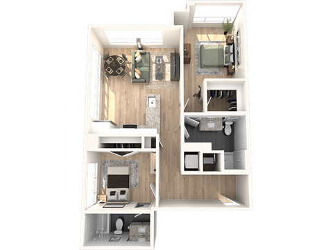 Floor plan for 2 beds, 2 baths, 907 sqft